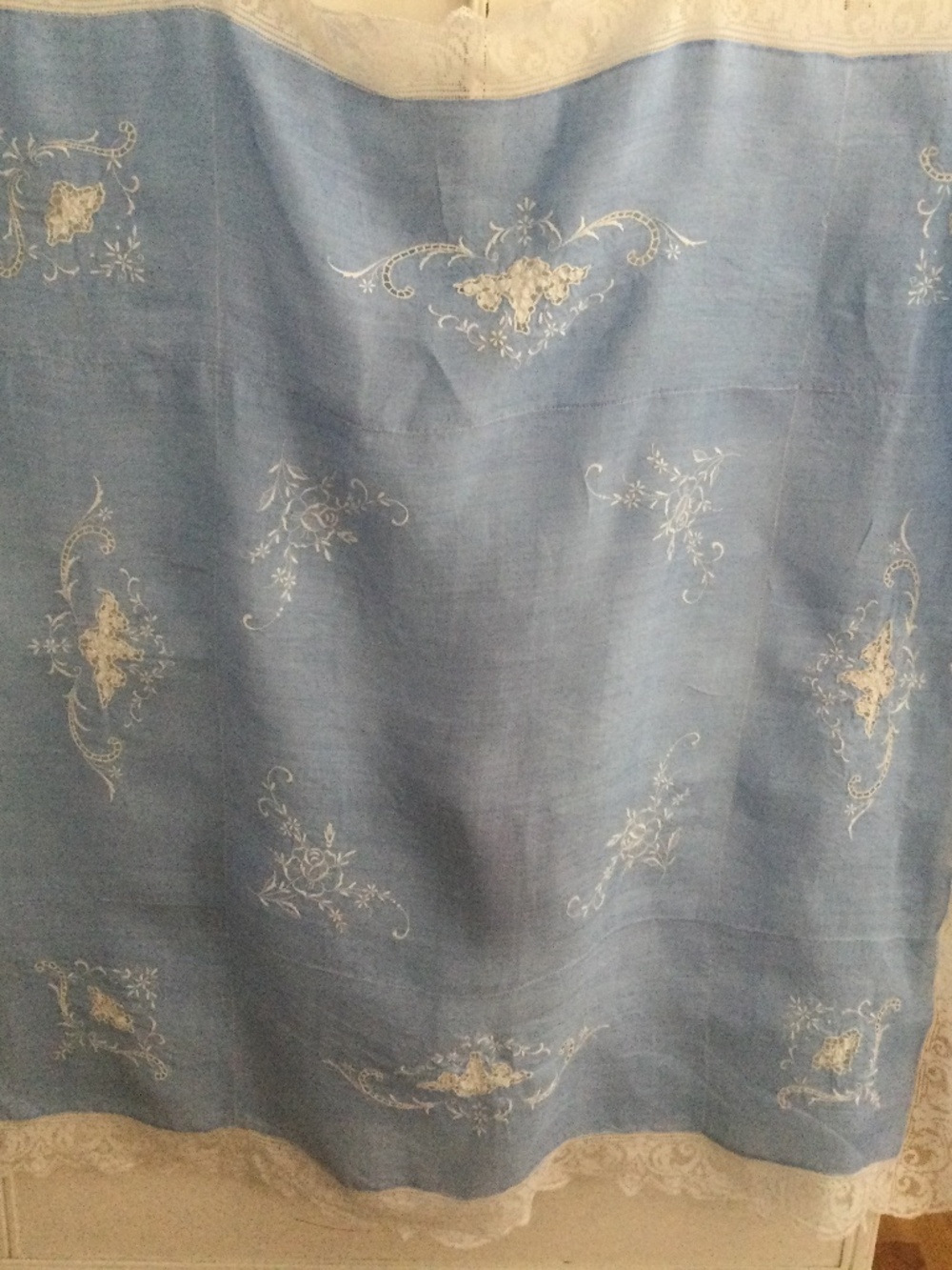 Blue Handkerchief Linen Tablecloth with white embroidery and lace 50” sq